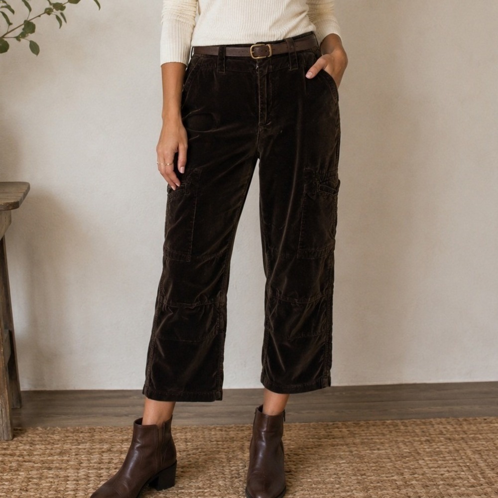 Sundance Velvet Cropped Cargo Pants Brown Straight Leg Utility Indie Work 16